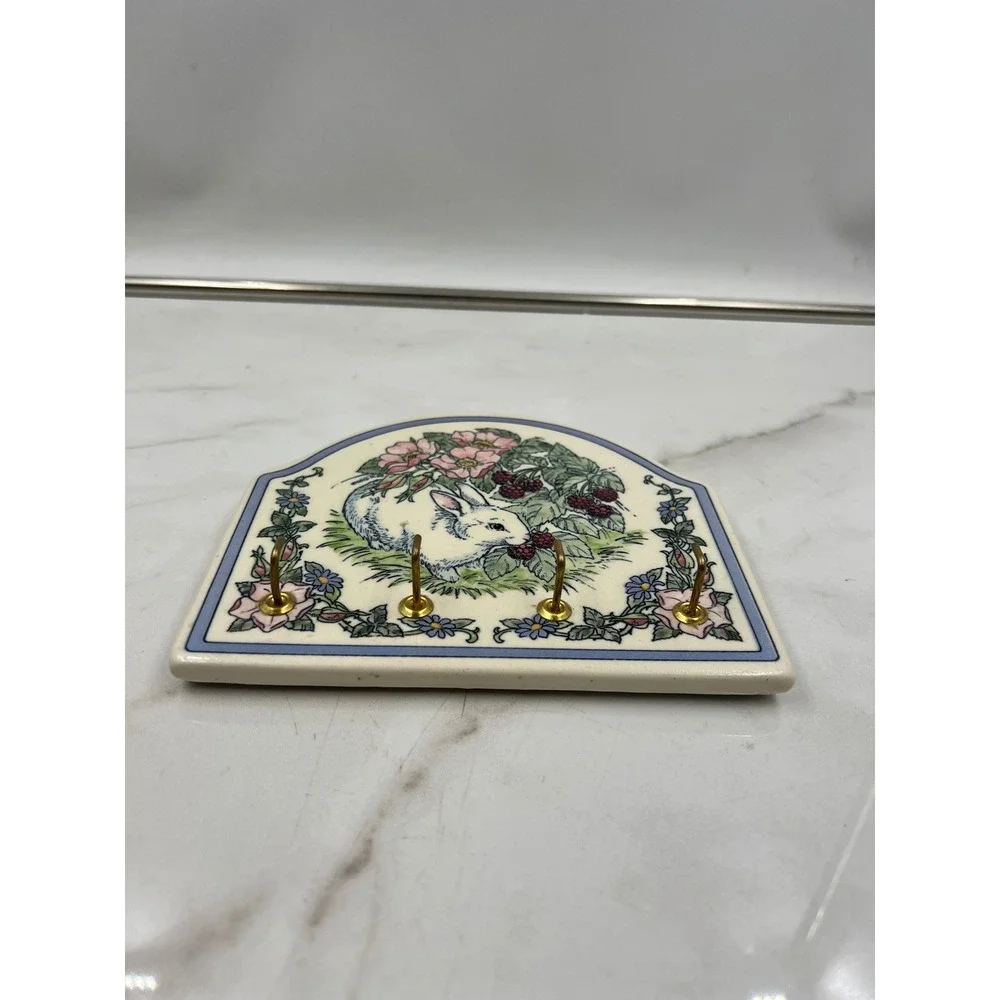 Vintage Ceramic Rabbit Key Rack Wall Hanging Blackberry Floral Bunny Plaque